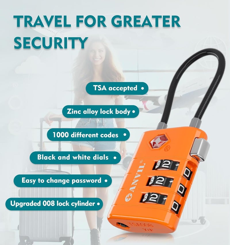 Anvil TSA Approved Luggage Locks – High Security TSA008 Combination Travel Locks with Inspection Indicator for Suitcases and Backpacks. (2, Orange) - Image 5